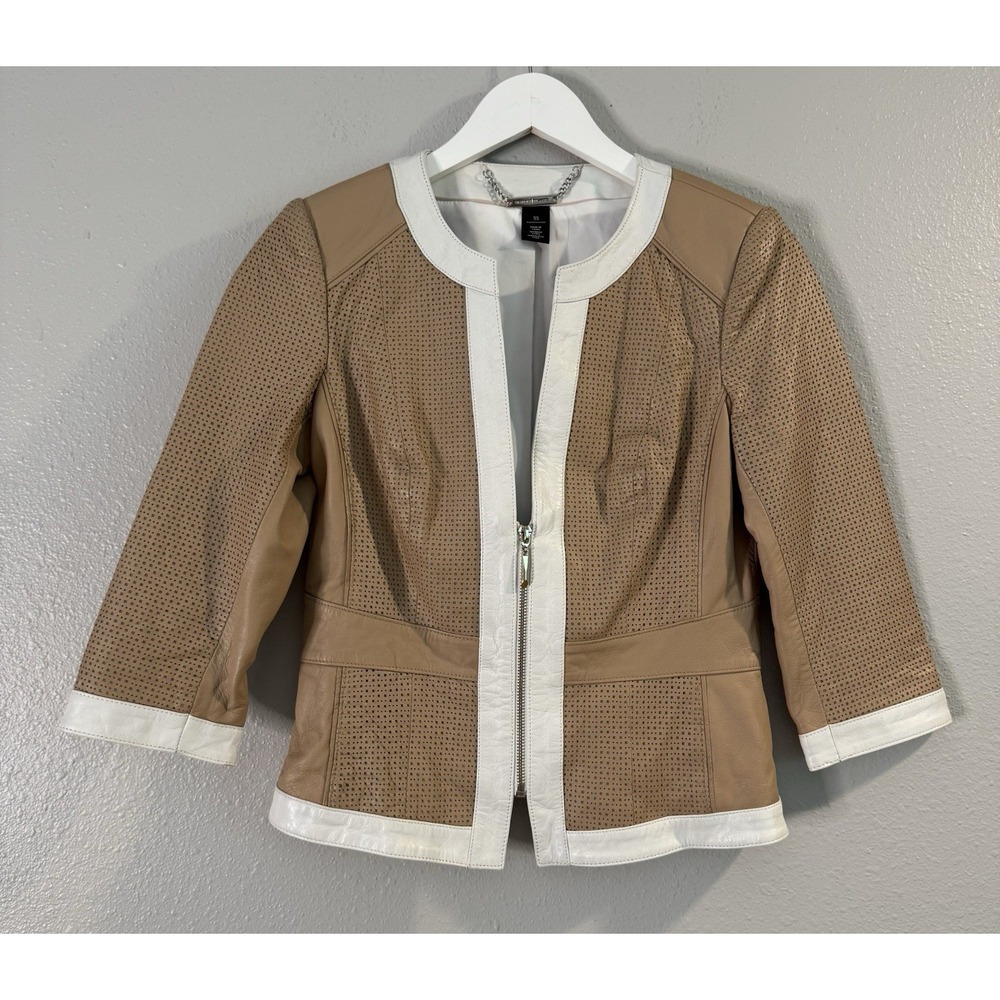 Leather Moto Jacket Perforated Colorblock Cropped Career Chic Genuine Leather